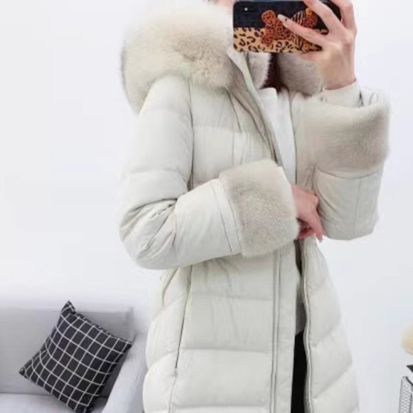 MICHAA Korean Luxury Fox and Mink Fur Long Down Jacket with Belt Size 55 - Picture 6 of 16